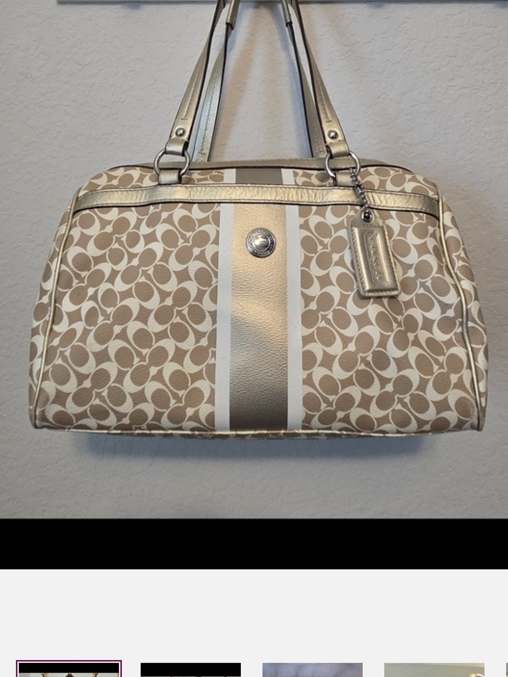 Coach Tan & Gold Signature Stripe Shoulder Bag with Metallic Accent